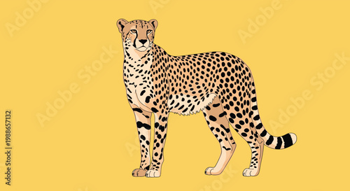 Majestic cheetah standing in profile with its spotted fur on a solid yellow background showing its powerful and slender body.