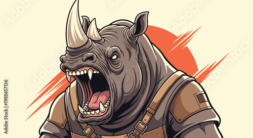 Fierce rhinoceros character wearing protective armor and roaring with its mouth wide open against a dynamic red and white background.
