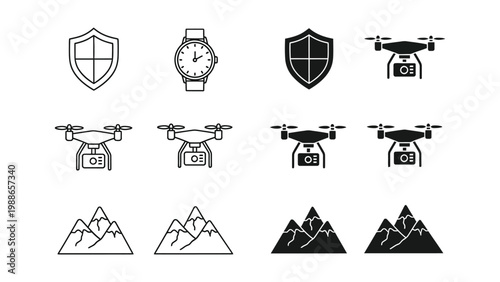 Icons depicting security, time, drones, and mountainous terrains in a sequential pattern