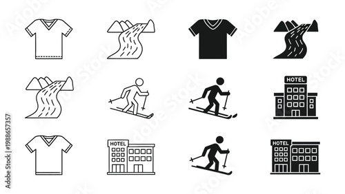 Iconic symbols representing winter sports, clothing, and accommodations