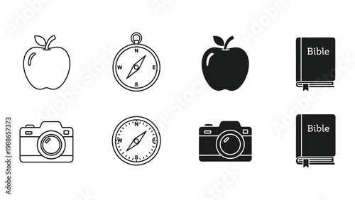 Contrasting icons of everyday objects in different styles