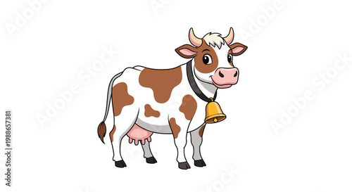 Cute brown and white spotted cow with a golden bell around its neck standing peacefully on a clean white background.