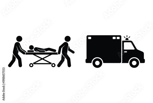 Medical emergency scene depicting paramedics with a stretcher and approaching ambulance silhouette