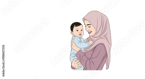 Loving Muslim mother wearing a hijab holding her cute baby and smiling with a peaceful and happy expression on her face.