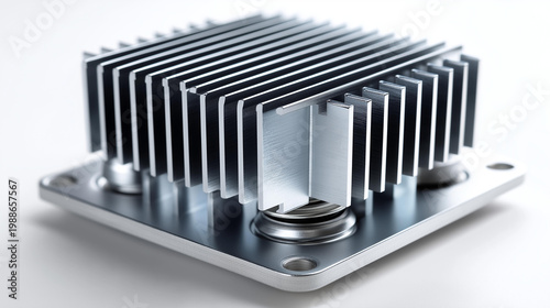 Aluminum heat sink with cooling fins as an electronic component thermal management product on a white background, hardware concept, with copy space
