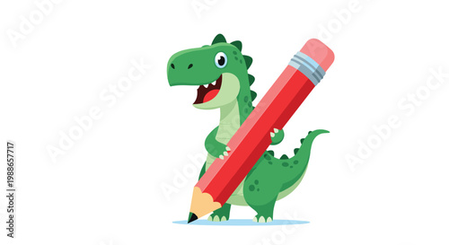 Cute green dinosaur character standing and holding a giant red pencil with an eraser against a clean white background for kids.