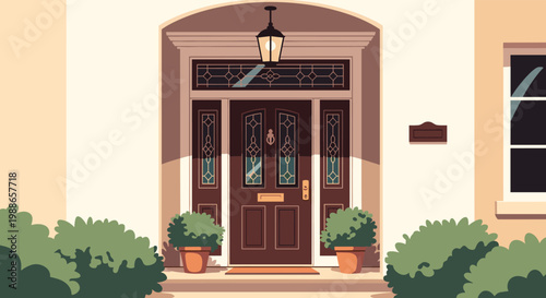 Elegant residential front door entrance with glass panels, overhead lamp, and green potted plants creating welcoming suburban home atmosphere.