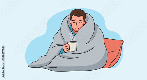 Sick man wrapped in heavy grey blanket holding hot beverage mug suffering from fever, cold, or flu symptoms during winter season.