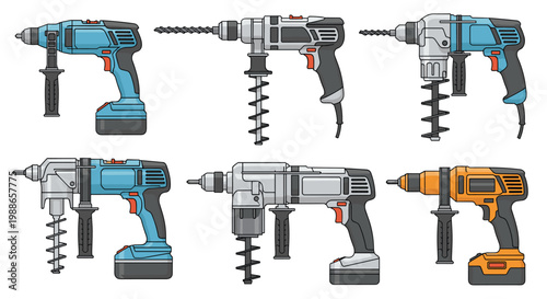 Collection of professional electric power drills and hammer drills in various colors and designs for construction and home renovation projects.