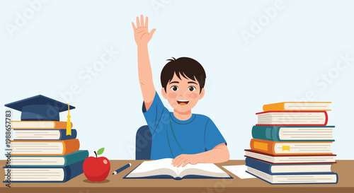 Smart young boy sitting at a desk and raising his hand in a classroom full of books and educational symbols to answer a question.