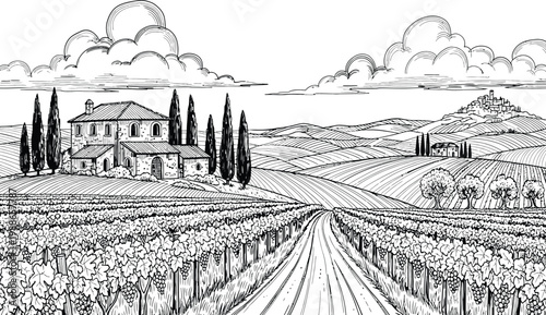 Black and white hand drawn ink sketch of a Tuscany vineyard landscape with a rustic villa, rolling hills, and cypress.