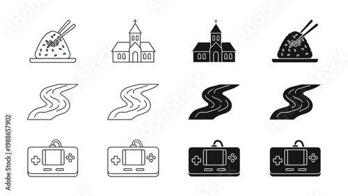 Gradual visual evolution of food, church, road, and game controller icons
