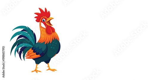 Proud and colorful rooster standing with its mouth open and crowing at sunrise in a simple artistic illustration for farm life.