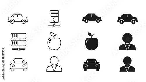 Contrasting icons of technology, nature, transportation, and professions