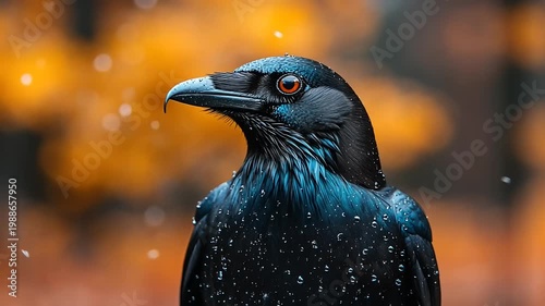 Black bird with orange background.