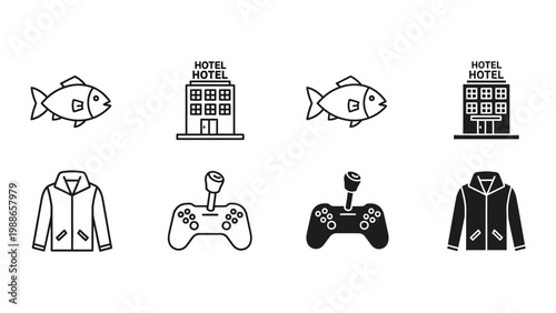 Iconic symbols representing leisure activities and accommodations
