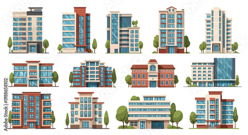 Comprehensive collection of diverse modern architectural building designs including residential apartments and commercial office towers in city styles.
