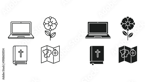 Contrast of traditional and modern symbols in monochrome iconography