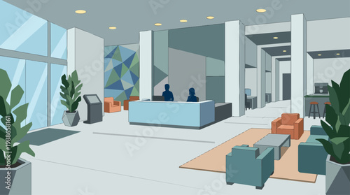 Clean Reception Lobby With Architectural Plants and Seating Zones