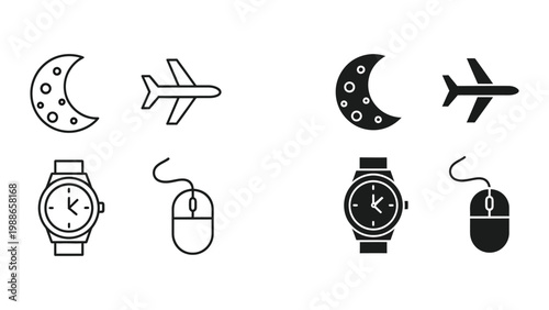 Contrasting icon pairs of moon phases, airplanes, smartwatches, and computer mice