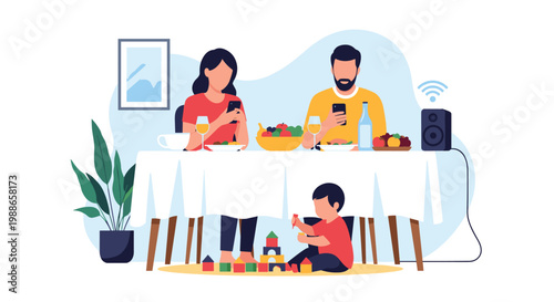 Modern family dining together at table while parents are distracted by their smartphones and child plays with toys on floor below.