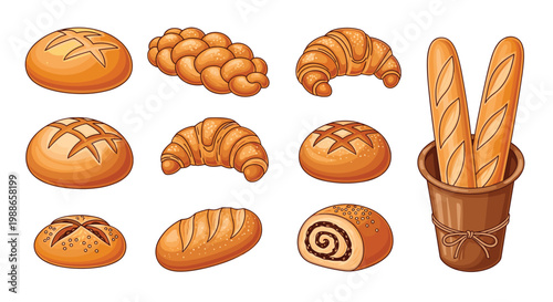 Assorted collection of freshly baked bread types including loaves, baguettes, croissants, and rolls arranged for bakery shop display theme.