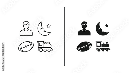 Contrast comparison of icons showing day and night themes with sports and travel elements