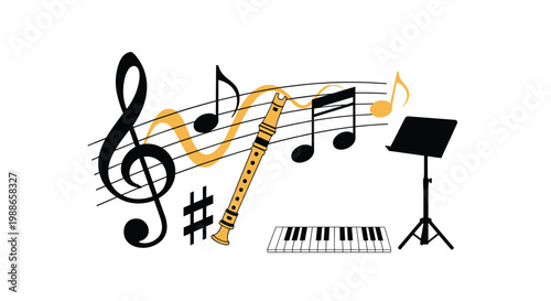 Creative composition of musical symbols like treble clef and notes with flute, piano keyboard, and music stand for melody and arts theme.
