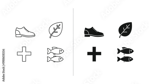 Contrast between light and dark icon sets featuring shoes, leaves, fish, and crosses