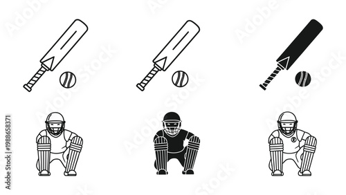 Illustrations of cricket bats, balls, and wicketkeepers in various styles