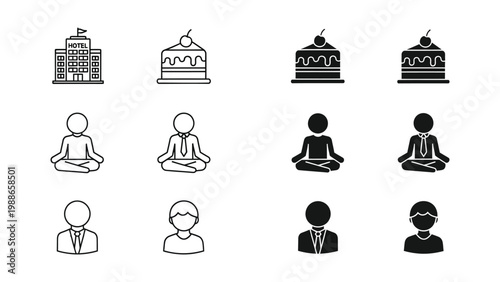 Visual representation of meditation, relaxation, and professionalism with various icons