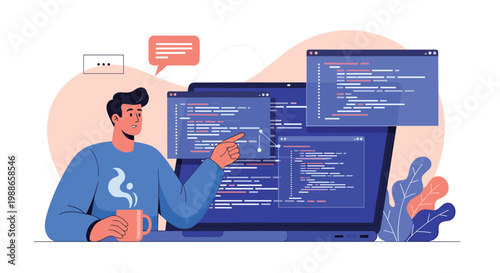 Professional programmer sitting at laptop with floating code windows and speech bubbles developing software or website in modern office setting.