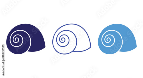 Three stylized snail shells in dark blue, white, and light blue with spiral designs