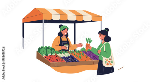 Happy woman purchasing fresh organic vegetables like carrots and radishes from local street market vendor under orange striped awning.