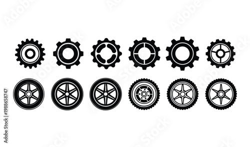 Collection of various gear and wheel icons in black and white on a plain