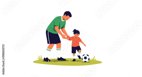 Father coaching his young daughter while playing soccer together on green grass field illustrating family bonding and healthy active lifestyle.