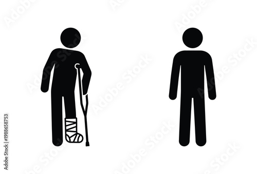 Two figures one with a cast and crutch depicted in a stark black silhouette