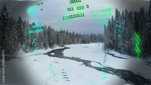 Drone descending, initiating green HUD columns and binary data over river, revealing ice for tech