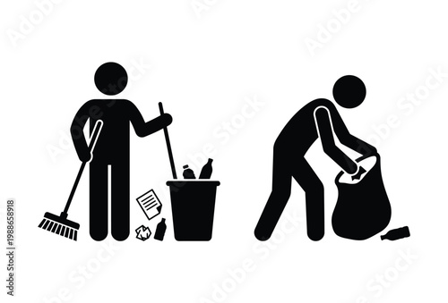 Two figures engaged in cleaning activities with trash and tools a stark silhouette