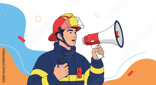 Firefighter in professional uniform wearing protective helmet holds megaphone and walkie-talkie against abstract background with copy space.
