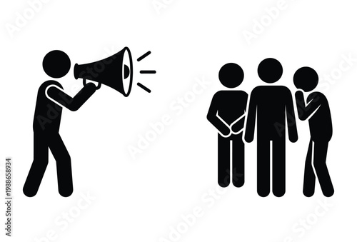A person using a megaphone to address a group of people depicted as a silhouette