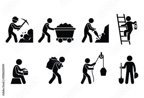 A series of black stick figure silhouettes depicting various mining labor tasks and roles
