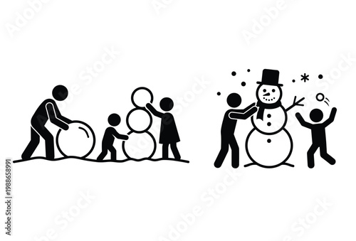 Family builds a snowman together in a winter scene depicted as a stark silhouette