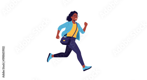 Young woman with glasses and a shoulder bag running quickly with a smile on her face against a plain white background.