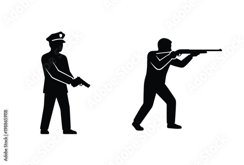 Two figures in a dramatic pose one aiming a gun at another stark silhouette