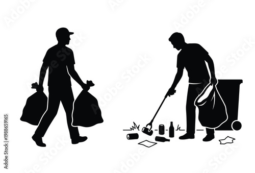 Two men cleaning up litter and trash in a public space shown as a silhouette