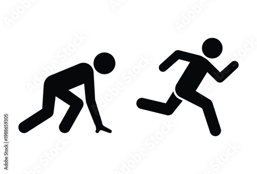 Two figures one starting and one running depicted in a minimalist black silhouette