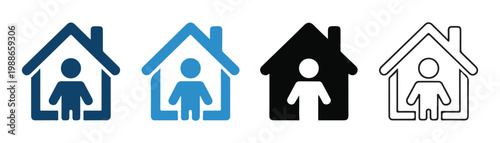 Obraz na plátně Home icons set person inside house shelter symbol vector isolated blue black on transparent background