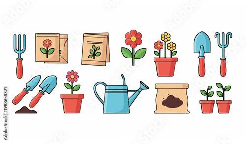 Spring summer gardening collection with tools seeds and potted flowers flat vector illustration
