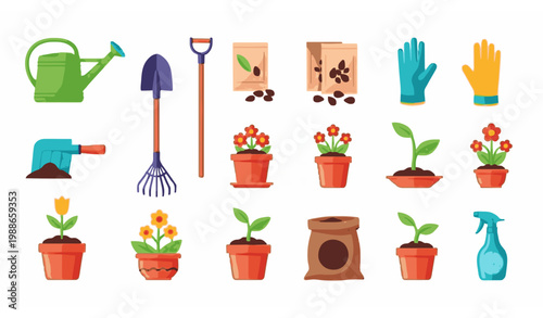 Colorful gardening tools and flowers vector set with seeds pots and spring planting equipment